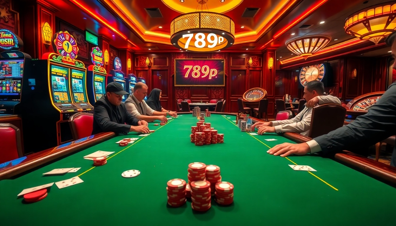 Experience the excitement of 789p at a bustling casino with players at poker tables and vibrant slot machines.